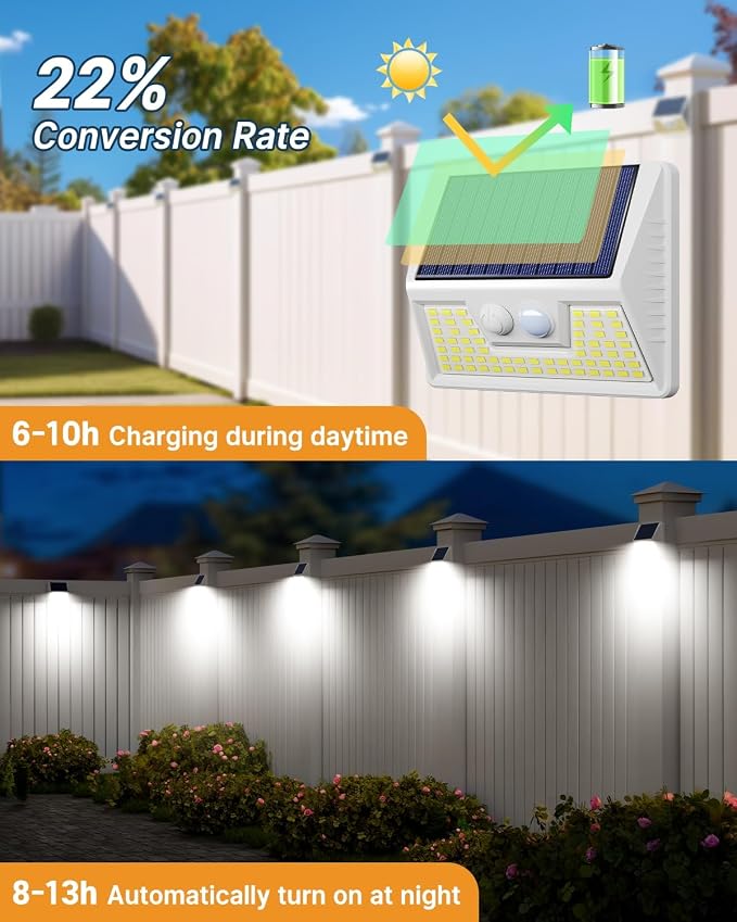 vighep 2 Pack Solar Motion Lights Outdoor, Waterproof Fence Lights Solar Powered with 3 Lighting Mode, Cold White LED Step Light for Outside Wall Yard Deck Stairs Garden - White