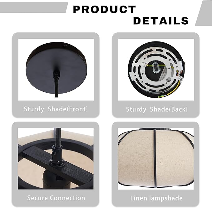 15" Bamboo Pumpkin Pendant Light, Adjustable 71" Hanging Lamp with Boho Japandi Fabric Shade, Ceiling Light for Dining Room, Kitchen, Bedroom, E26 Base (Black Color)