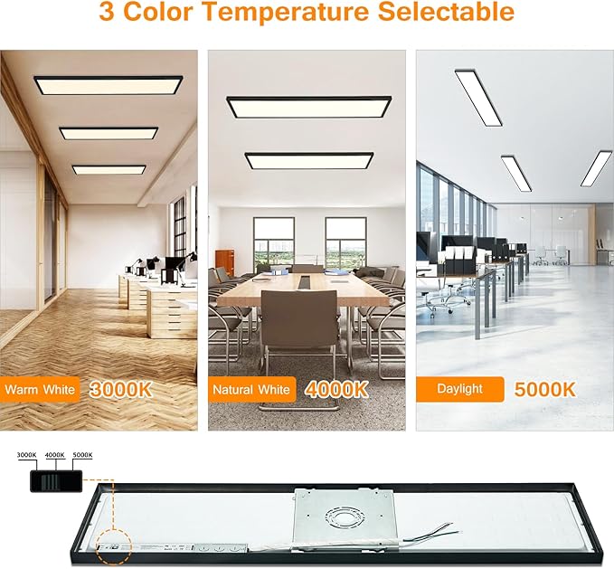 Black 1x4 LED Flat Panel Light Surface Mount, 5000K-4000K-3000K Selectable & Triac Dimmable, Rectangular Flush Mount Ceiling Light for Kitchen Garage, 40W, 100-277V, ETL, 2 Pack