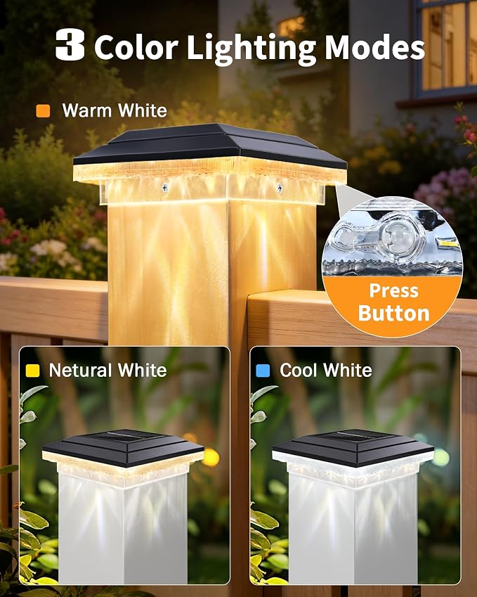 4x4 Solar Post Cap Lights Outdoor Waterproof, Cool/Neutral/Warm White 3 Colors Garden Fence Lights for 4×4 Wood/Vinyl Posts, Deck, Patio, Ripple Effects, 6 Pack