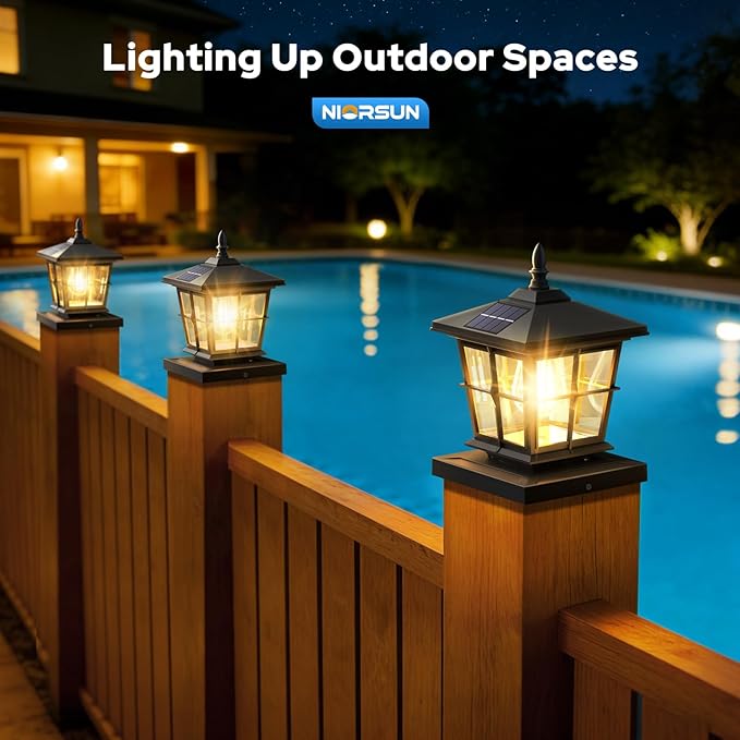 NIORSUN Solar Post Lights Outdoor, Fence Post Solar Lights with 3 Color Temperatures, Edison LED Bulbs Garden Patio Fence Deck Decor, 4x4 Posts Caps, 4x4, 5x5 Wooden & Vinyl (6 Pack,Black)