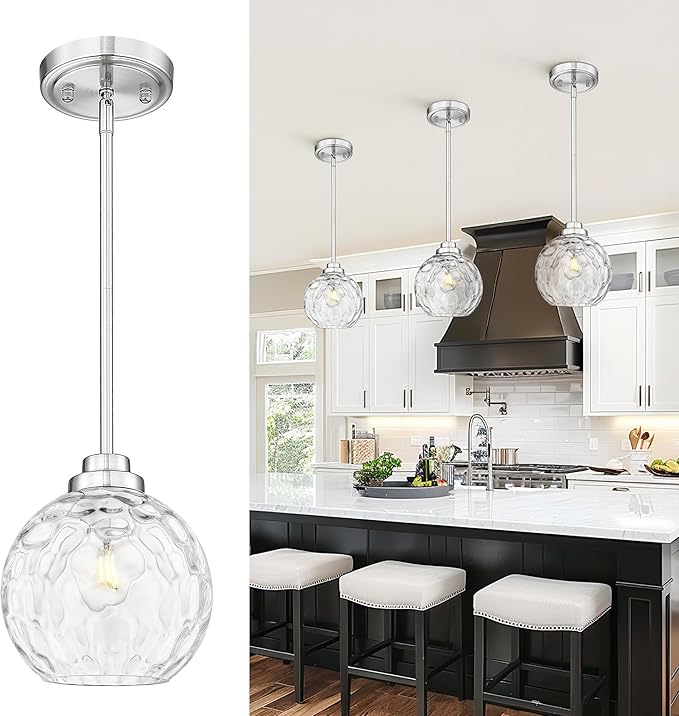 8 Inch Modern Farmhouse Pendant for Kitchen Island, Adjustable Height Hanging Fixture with Hammered Glass, Brushed Nickel, Dining Room Entryway - PL101HBN-L