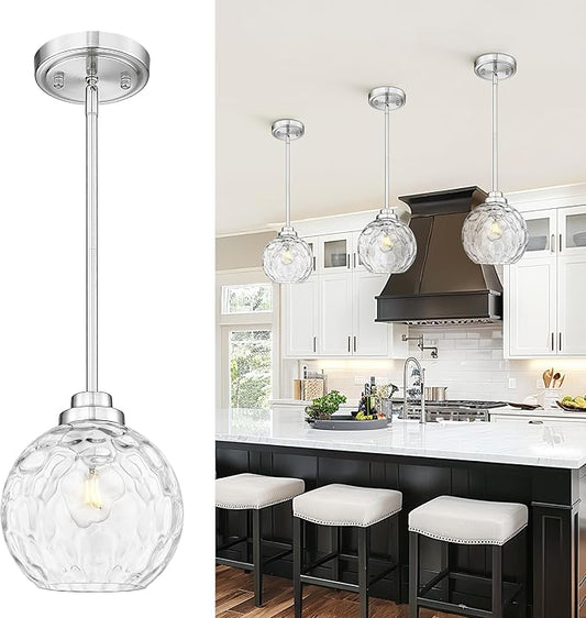 8 Inch Modern Farmhouse Pendant for Kitchen Island, Adjustable Height Hanging Fixture with Hammered Glass, Brushed Nickel, Dining Room Entryway - PL101HBN-L