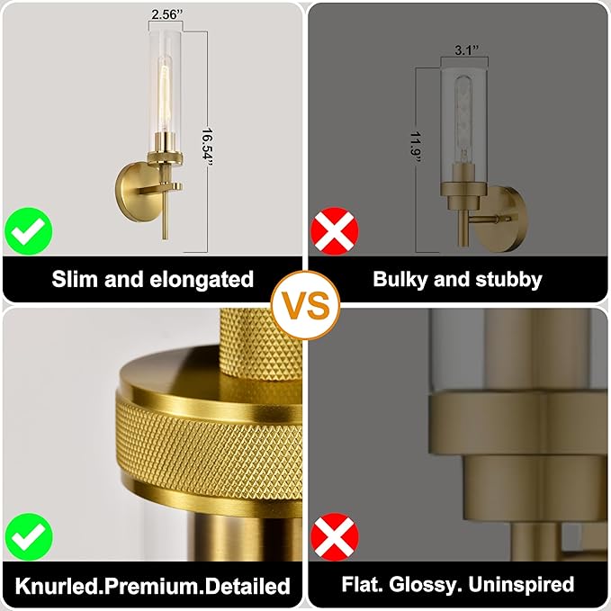 Gold Bathroom Light Fixtures Over Mirror, Hardwired Vanity Lights Set of 2 with Knurled Texture, Brushed Gold Wall Sconces with Clear Glass Shade, Modern Industrial Bathroom Lighting for Bedroom
