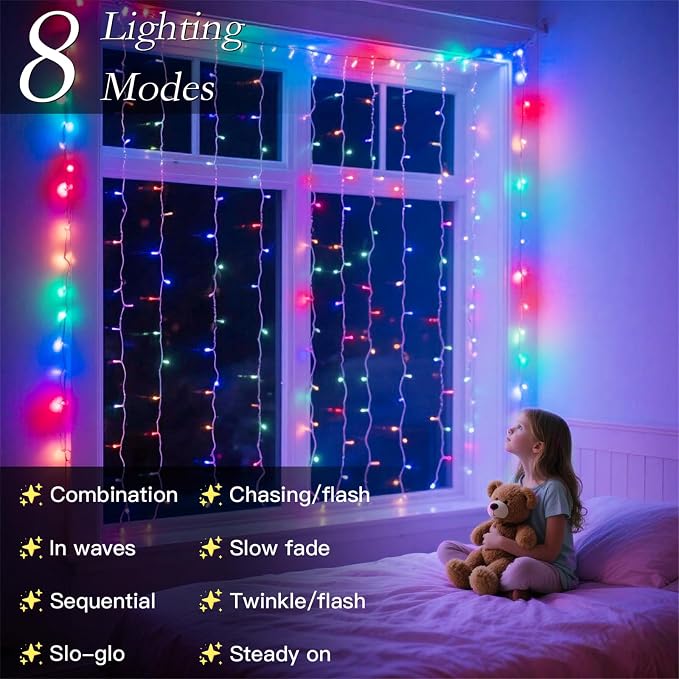 200 LED Multicolor Rainbow Curtain String Lights 9.8x6.6FT, Plug in Fairy Lights with 9 Hooks, Dimmable, Timer 8 Modes, IP44 Waterproof, Bedroom Party Wedding Christmas Indoor Outdoor Decor