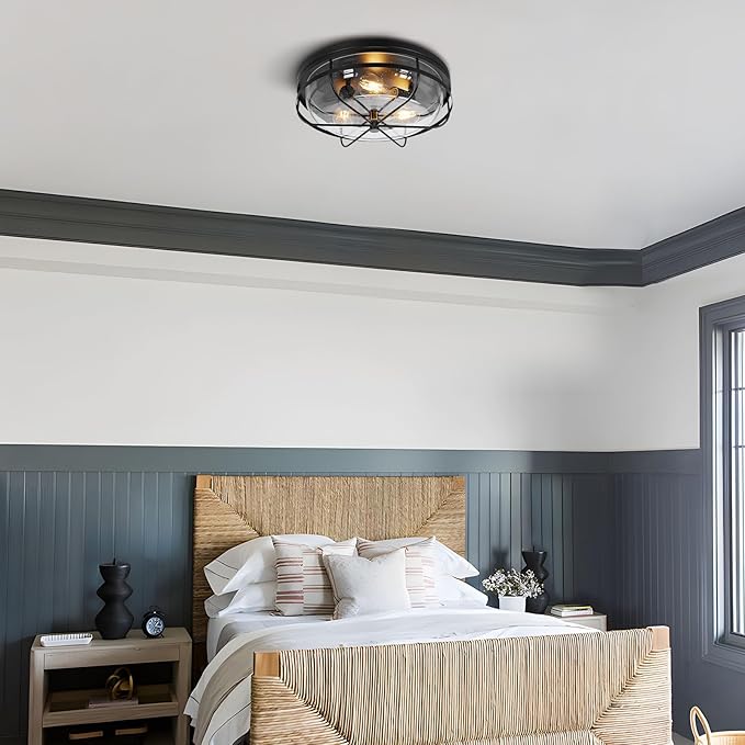 16 Inch Light Fixtures Ceiling Mount, Close to Ceiling Light with Seeded Glass, Outdoor Indoor Flush Mount Ceiling Light for Bedroom Living Room Kitchen Porch Hall Patio, ROS91AL-BK