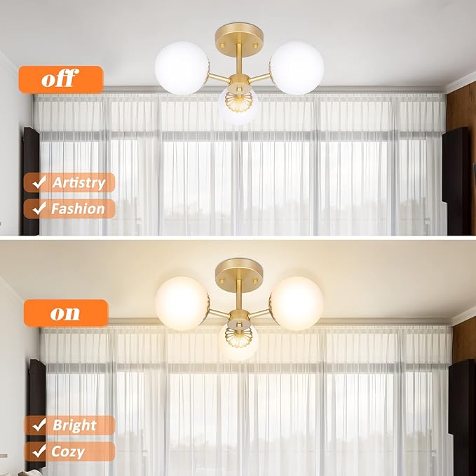 3 Lights Gold Chandelier Mid Century Modern Light Fixture, Gold Semi Flush Mount Ceiling Light with Frosted Globe Glass for Living Room, Bedroom, Nursery Room & Office Ceiling Light (Bulbs Included)