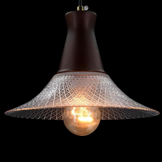 Vintage Farmhouse Glass Pendant Light Fixture 9 Inch Industrial Clear Ceiling Hanging Light with Walnut Wood lamp Holder for Kitchen Island Hallway Bar Dining Room Bedroom Foyer（1 Pack）