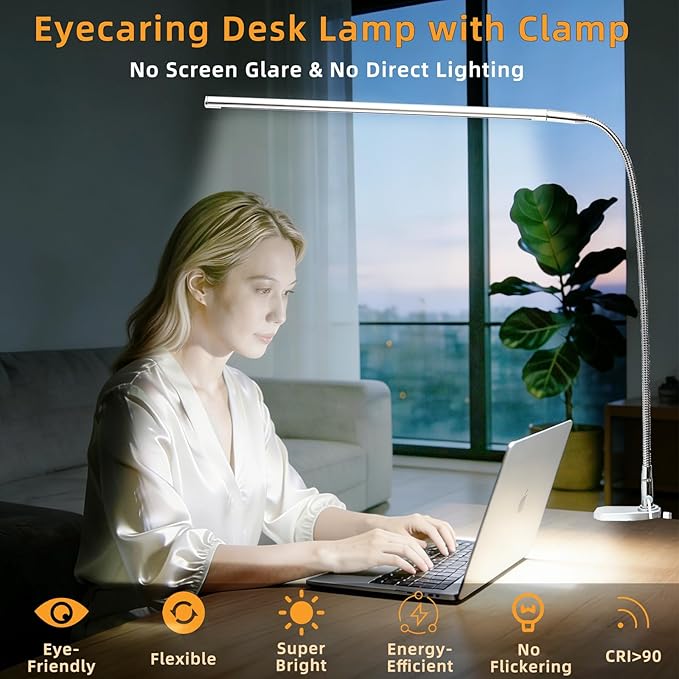Space Aluminum LED Desk Lamp with Clamp, Clip on Light for Reading Study Desk Light 3 Modes 10 Brightness Flexible Gooseneck with USB Adapter Table Lamp for Home Office Computer Nail Work