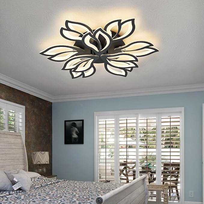 Modern Ceiling Light with APP & Remote Control, Dimmable LED Flush Mount Chandelier with 3-Color, Black Acrylic Flower Ceiling Light Fixture for Living Room Dining Room Bedroom Kitchen-9-Leaves