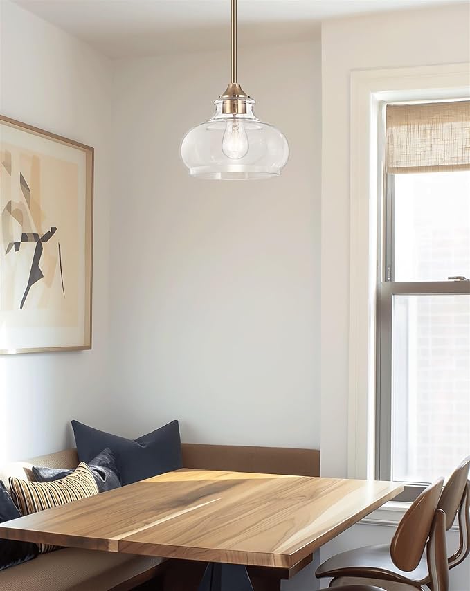 Kira Home Harlow 9" Modern Schoolhouse Pendant Light with Clear Glass Shade, Industrial Farmhouse Gold Hanging Light with Schoolhouse Glass, Cool Brass Finish