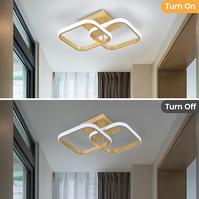 CANEOE 2 Packs Gold Led Ceiling Light Fixture,Modern Hallway Light Fixtures Ceiling Lighting,Square Close to Ceiling Lights for Bathroom Bedroom Kitchen Balcony Stair Small Hallway Lamp (Gold)