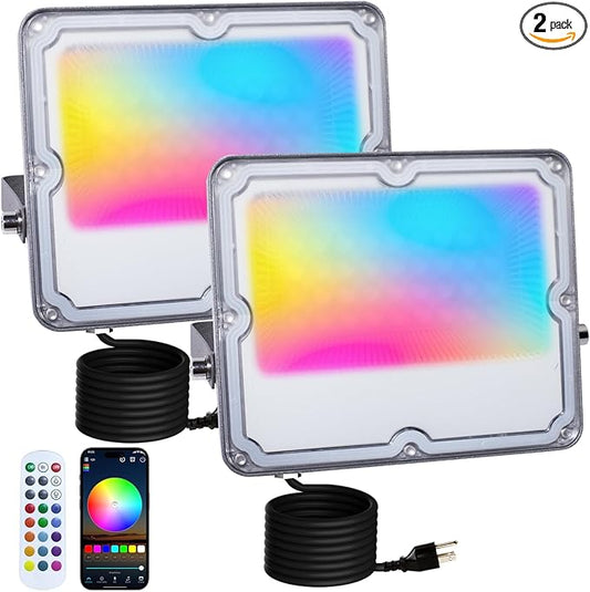 RGB LED Flood Lights Outdoor,Color Changing,30W (300W Equivalent),3000LM, Works with Bluetooth App or 2.4G Remote Control,IP66 Waterproof,16 Million Colors, Timing, Music Sync,5000K,2-Pack
