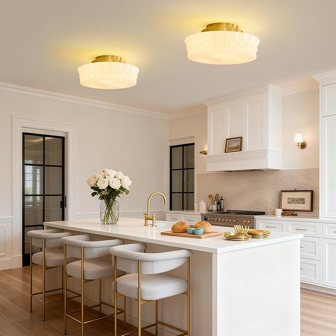 14inch Semi Flush Mount Ceiling Light Milk Glass Ceiling Light Fixture Mid Century Vintage Light Fixtures for Kitchen Hallway Restaurant Bedroom and Schoolhouse(White)