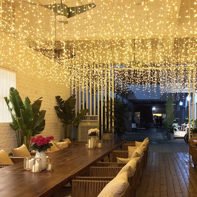 GTSYDING LED Window Curtain String Lights, GYDING Christmas Lcicle Lights 4M/13Ft 96 LED Starry Fairy String Lights Plug in 8 Modes for Wedding Party Bedroom Garden Patio Outdoor Indo (Warm White, 4)