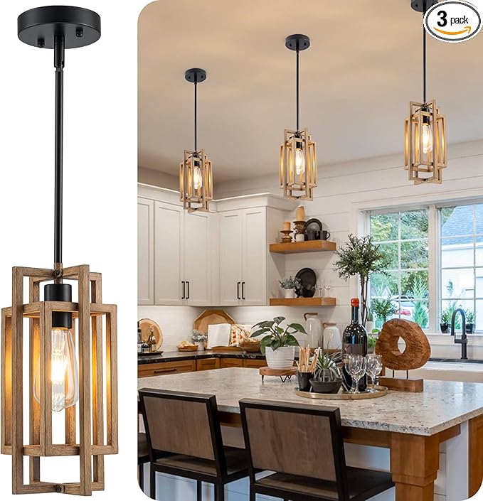 Farmhouse Pendant Light Fixtures, Retro Wood Texture and Black Finish Pendant Lights 59'' Adjustable Small Square Pendant Ceiling Hanging Light for Kitchen Island Dining Room Entryway