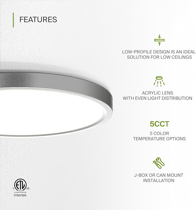 ASD LED 9" Round Flush Mount Ceiling Light Fixture, Low Profile Surface Lighting | 5CCT, Dimmable, Ultra-Thin, ETL Listed | 18W 1660LM 2700-6000K 120V | Kitchen, Bedroom, Hallway Lamp | Nickel, 6 Pack