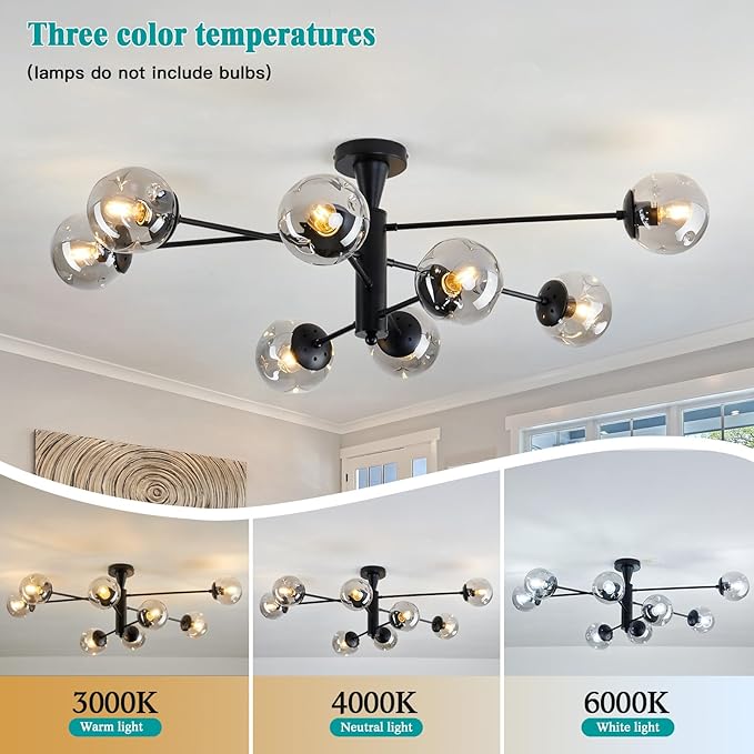 hesoge Modern Sputnik Ceiling Lights Black Semi Flush Mount Ceiling Fixture with Glass Globes 8 Light Large Chandelier for Dining Room Bedroom Living Room Kitchen Farmhouse.