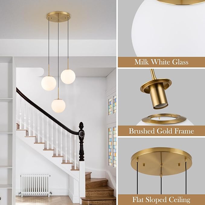 3-Light Cluster Pendant Lights, Mid Century Modern Globe Cluster Chandelier with Milk Glass, Brass Gold Pendant Lighting for Kitchen Island, Staircase, Dining Room, Living Room
