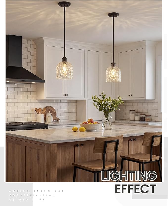zeyu 1-Light Island Pendant Light for Kitchen, Single Pendant Light Kitchen Island, Adjustable Hanging Lamp with Clear Hammered Glass, Oil Rubbed Bronze Finish, ZJF63MIL-L ORB