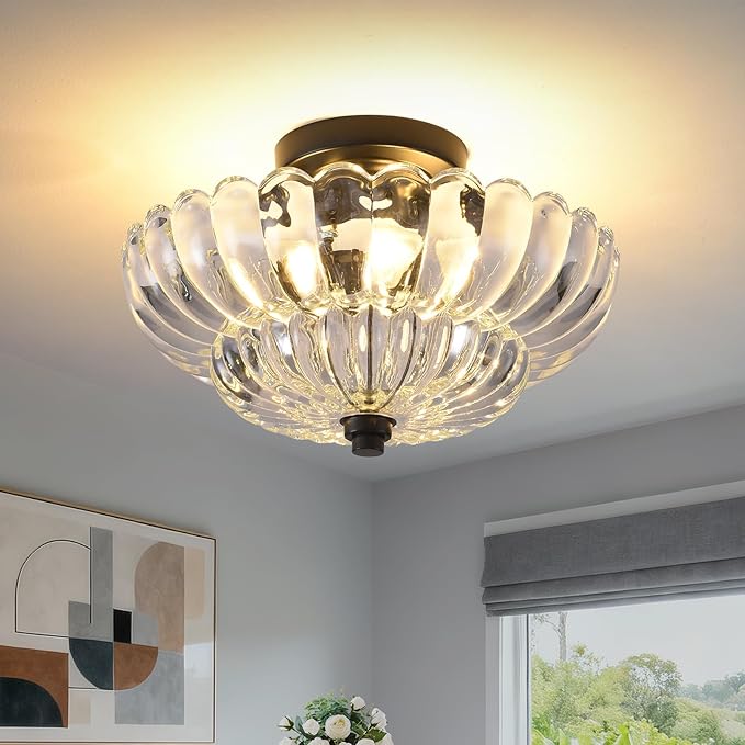 Semi Flush Mount Ceiling Light, 11.8 Inch Black Vintage Hallway Light Fixture with Transparent Glass, Close to Ceiling Light for Bedroom Kitchen Living Room Bathroom Foyer, E26 Base