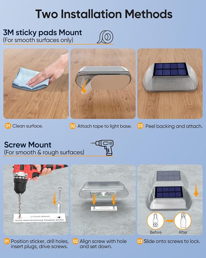 DetarZinLED Solar Driveway Lights Outdoor, 4 Pack IP68 Waterproof Dock Deck Lights Solar Powered, Stick on & Screw Blue Markers Light for Pathway, Walkway, Sidewalk, Patio, Pool Deck, Garage Entrance