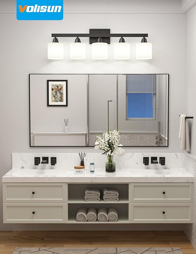 VOLISUN Matte Black Bathroom Light Fixtures, 5-Light Bathroom Vanity Lights Over Mirror, Modern Vanity Light for Bathrooms, Bathrooms Lights Fixtures Over Mirror with Milky White Frosted Glass Shades