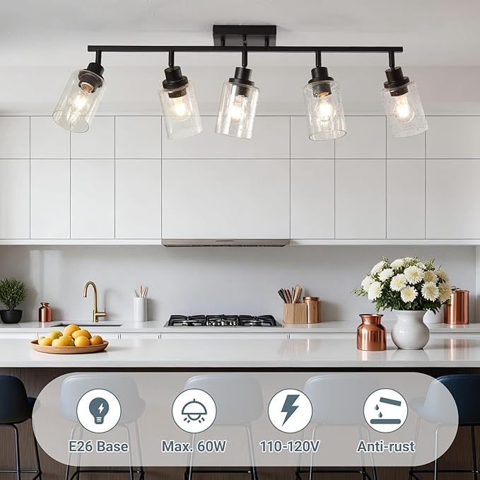 LOUSACE Flexible Track Lighting Kit, Black 5-Light Flush Mount Ceiling Spotlights with Seeded Glass, Bathroom Vanity Lighting Modern Ceiling Track Light Fixtures for Kitchen Dinning Room