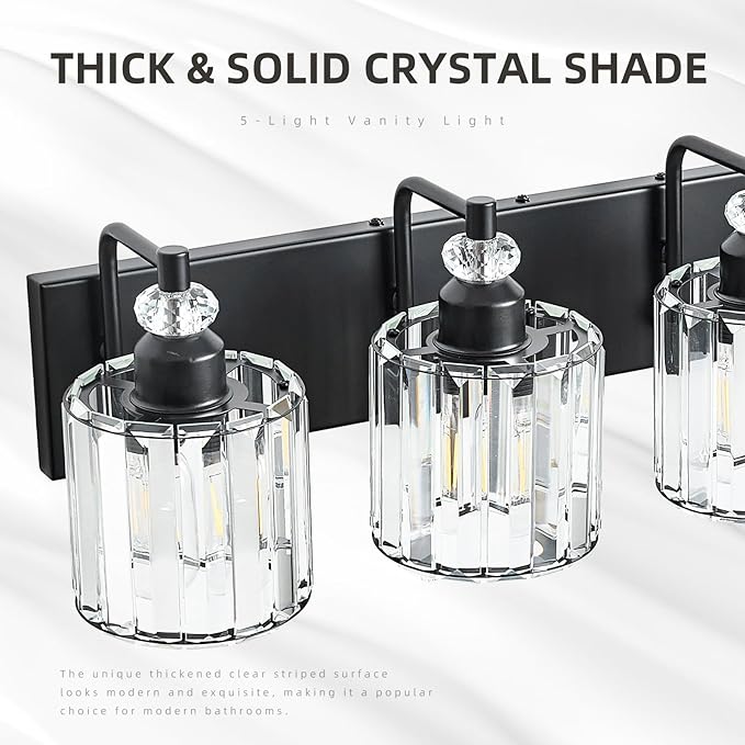 5-Light Black Bathroom Light Fixtures Over Mirror Modern Vanity Lights Crystal Wall Sconce Vintage Bathroom Lighting with Crystal Shade E26 Base for Bedroom, Living Room, Hallway