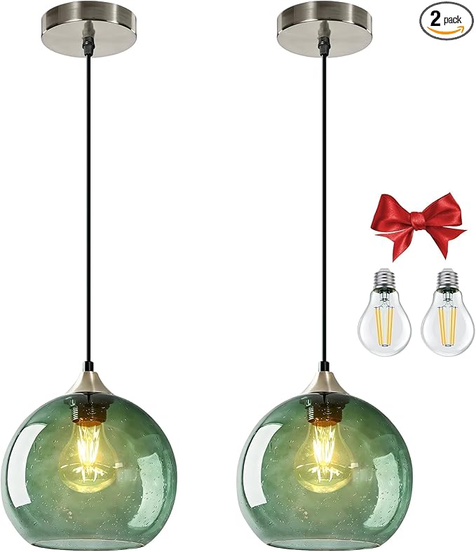 7.1in Medium Green Glass Pendant Light for Kitchen Island, 2-Pack with Extra LED Bulbs & 4.92ft Adjustable Cord | Modern Minimalist Lighting for Dining Room, Living Room, Entryway