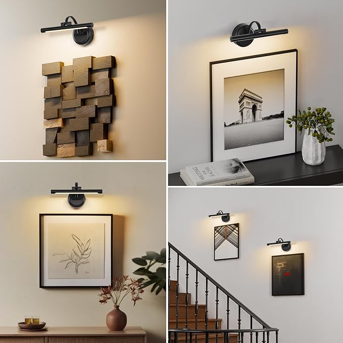 Tassuowell Rechargeable Picture Light for Wall, Cordless Art Lights Battery Operated, Dimmable Wall Light with Remote & Timer, 3 Color Modes for Paintings, Gallery, Artwork(Black, 12inch)