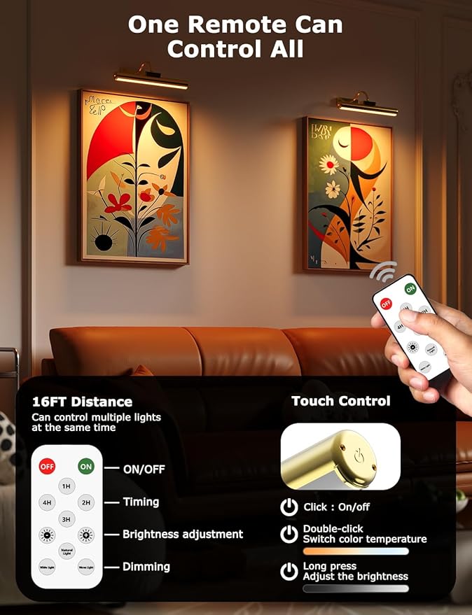 16in Wireless Picture Light with Remote, Battery Operated Picture Lights for Wall 5000mAh, 3 Color Modes and Dimmable LED Art Lighting with Timer for Painting, Frame, Gallery, Bedroom (Gold-2Pack)