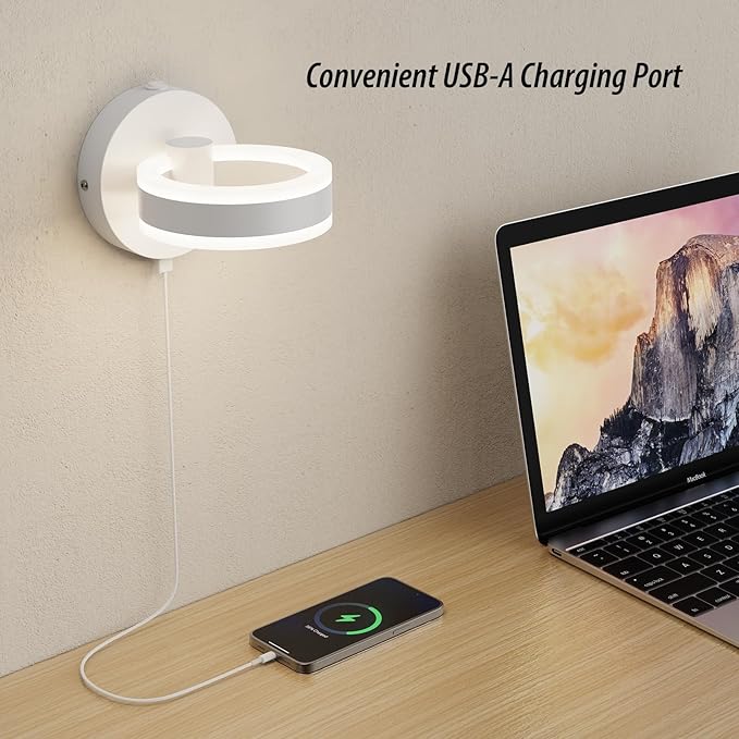 LED Wall Sconces Set of Two with ON/Off Switch, White Rotatable Hardwired Wall Light Fixtures, Built in USB Charging Port, Modern Wall Decor for Bed Lighting.