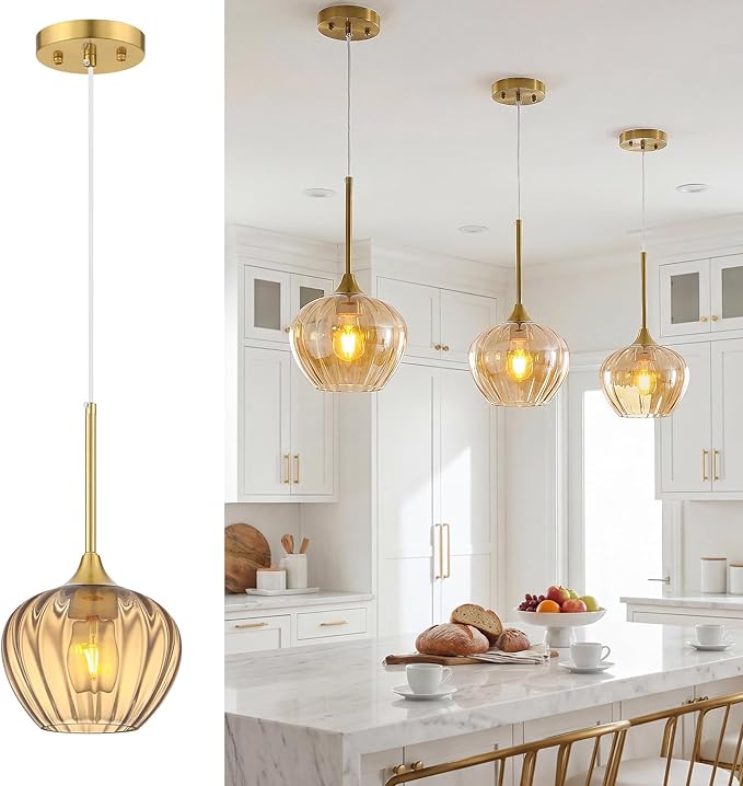 Amber Glass Pendant Lights Kitchen Island, 7" Vintage Adjustable Pendant Lighting Gold Hanging Light Fixtures for Kitchen, Dining Room, Sink, Bathroom