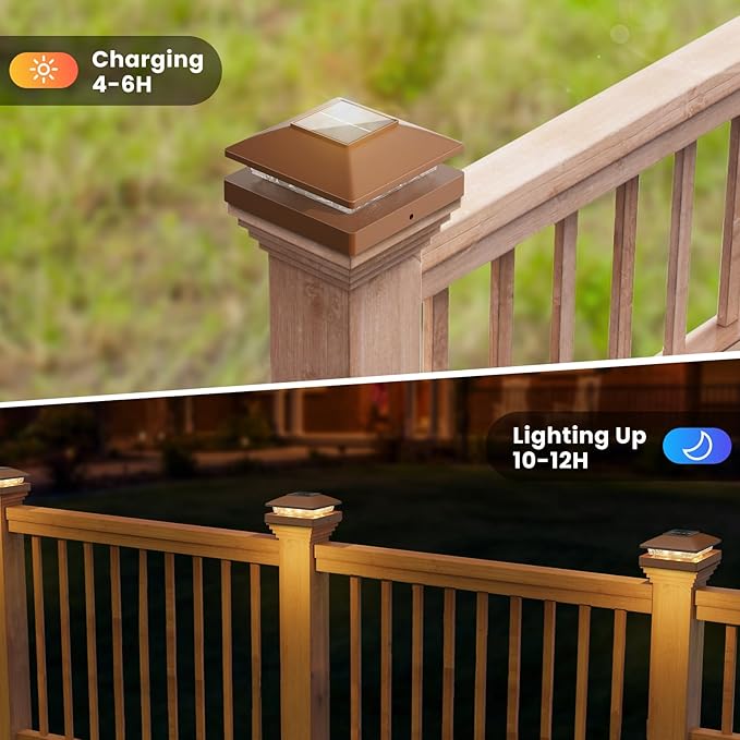 Solar Post Cap Lights Outdoor 20pack, Waterproof Solar Powered Deck Fence Post Lights Fit 4x4 Wood/Vinyl Posts, Bright Warm White Solar Post Lights Decorate Deck, Patio, Porch, Fence(Brown)