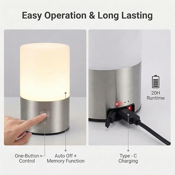 Small Table Lamp - Rechargeable, Portable, Up to 20-Hour Battery Life, 10 Brightness Levels, Auto-Off Timer, Waterproof, Warm Light for Bedside, Travel, Camping & Décor-Nickel Finish