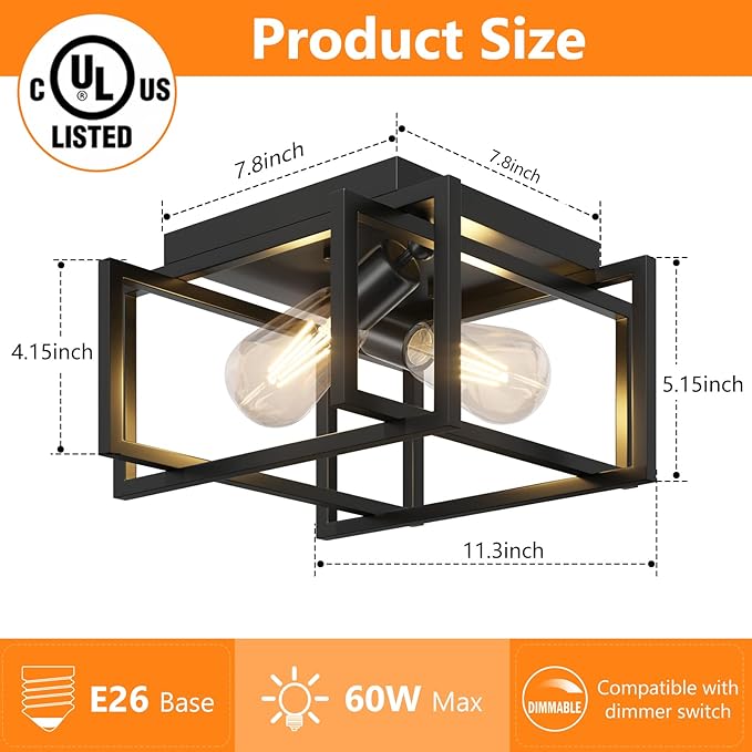 2-Light Flush Mount Ceiling Light Fixture, Industrial Black Metal Ceiling Light, Modern Rectangle Close to Ceiling Light for Hallway, Kitchen, Entryway