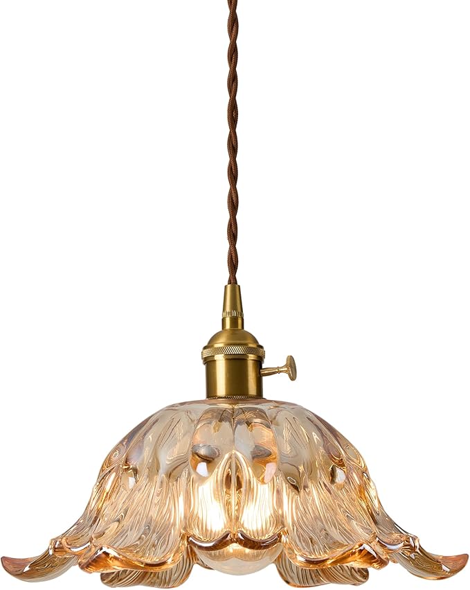 Amber Glass Pendant Light Fixtures,Vintage/Antique Champagne Gold Pendant Lights Kitchen Island Over Sink/Table,Orange Pendant Glass Chandelier for Bedroom Hotel Dining Room Hanging Down