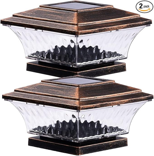 HUYIENO Solar Post Cap Lights Outdoor LED Lighting Deck Fence Cap Light Two Light Modes Warm White/Bright White Suitable for 4x4 Wooden Posts Brushed Copper 2PK
