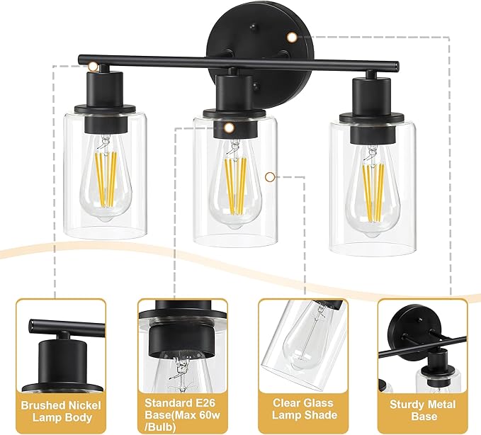 Pia Ricco Bathroom Vanity Light Fixtures, 3-Light Black Vanity Lights with Clear Glass Shades, Modern Wall Light Fixture Over Mirror, Bathroom Wall Sconces for Mirror Living Room Bedroom Hallway