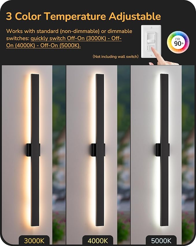 EDISHINE 47" LED Outdoor Wall Lights, 3CCT & 10%-100% Dimmable, IP65 Waterproof, Modern Exterior Lighting Fixtures, Linear Long Exterior Wall Light for House, Yard, 2 Pack, Black