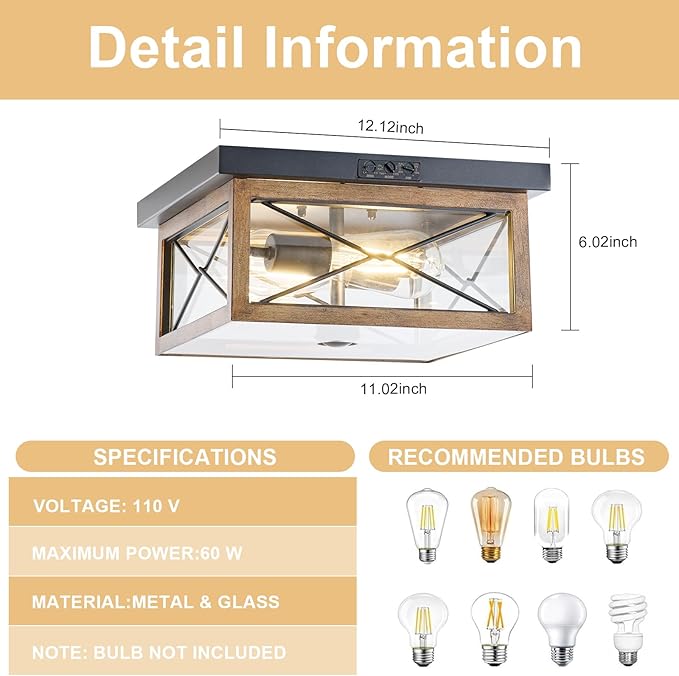 Motion Sensor Outdoor Flush Mount Ceiling Light, Industrial Glass Rustic Wood-Like Finish 2-Light Ceiling Lamp for Porch, Entryway, Garage, Timer and Sensitivity Adjustable (Wood-Like-Square)