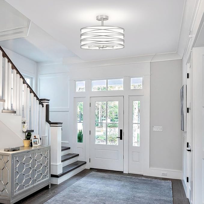 TOULMJ 6-Light Semi Flush Mount Ceiling Light, 16.53‘’ Brushed Nickel Drum Chandelier with White Fabric Shade, Modern Farmhouse Dimmable Light Fixtures for Kitchen Laundry Hallway Dining Room Foyer