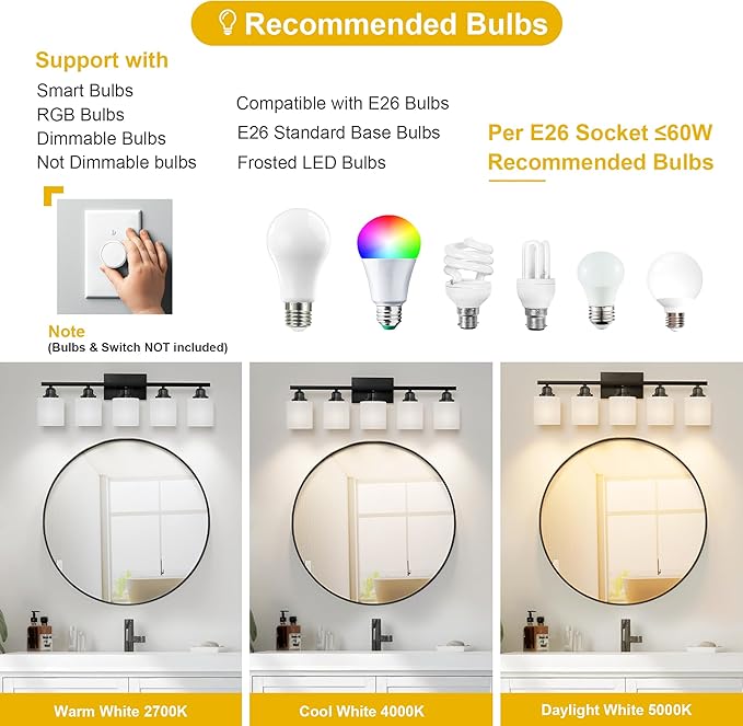Sailstar 5-Light Bathroom Light Fixtures Over Mirror, Matte Black Vanity Lights, Modern Bathroom Vanity Light, Glass Shade & Anti-Rust Nickel Finished, Bathroom Light for Small Space