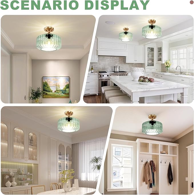 Mint Green Mid Century Modern Close-to-Ceiling Light 11.02" Vintage Flush Mount Light Fixture with Thickened Glass for Hallway, Kitchen, Corridor, Entryway Lighting