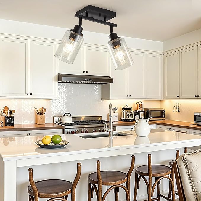 LOUSACE 2 Light Kitchen Track Lighting Fixtures Ceiling Black, Above Sink Light Fixture Kitchen with Rotatable E26 Heads & Seeded Glass Shade, Modern Bathroom Vanity Light Ceiling & Wall Mount
