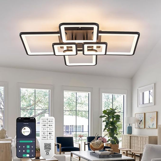 Modern Ceiling Lights 31" 75W, Dimmable Kitchen Lighting Fixtures Ceiling, 3000-6500K Light Fixture Ceiling Mount with Remote Control, Black Square LED Ceiling Light for Bedroom
