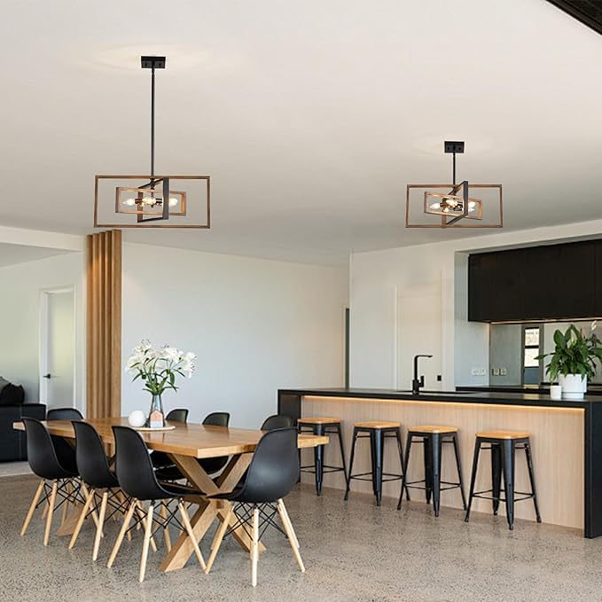 Farmhouse Chandelier, 5-Light Geometric Ceiling Light Fixture, 22" Adjustable Height Pendant Lighting for Living Room Foyer Entryway Dining Room Faux Walnut Grain