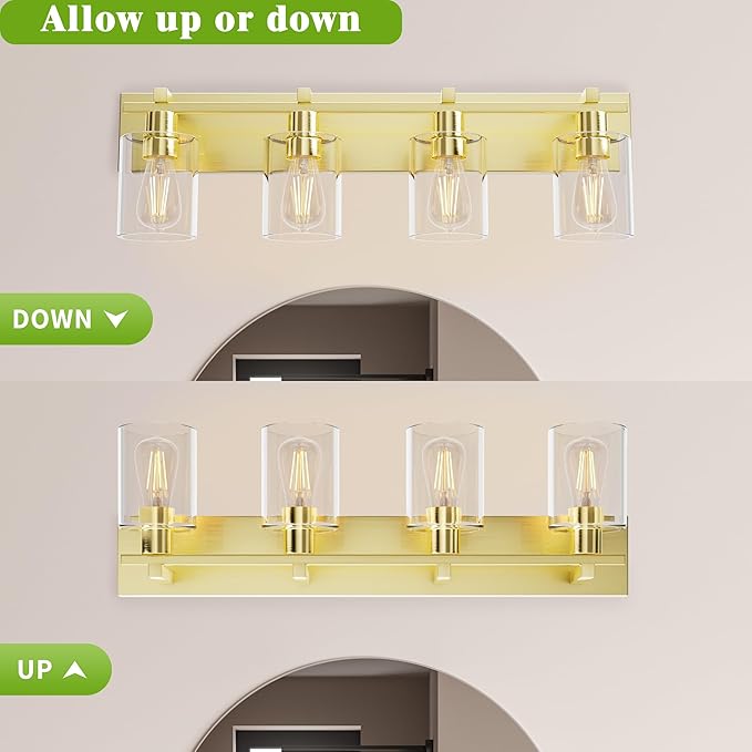 Espird Bathroom Vanity Light, 4 Light Gold Light Fixture with Thickened Clear Glass Shade, 24 inch Modern Wall Sconce,Vanity Light Over Mirror for