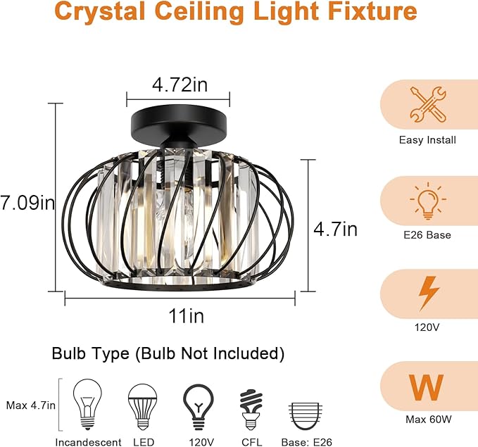 Black Crystal Ceiling Light Fixture - Small Crystal Chandelier Semi Flush Mount Ceiling Light Modern Hallway Lights fixtures for Entryway Bedroom Porch Kitchen (11 Inch, Bulb not Included)